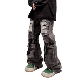 Lafaguw Mens Cargo Pants Ripped Baggy Jeans Y2K Elastic Waist Straight Leg Pants 90S Vintage Streetwear Grunge Clothes. (Black1-L)