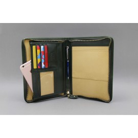 Leather Conference Folder A5, Zipper Padfolio A5, Notebook Holder, Writing Case, Leather Planner A5 (Green)