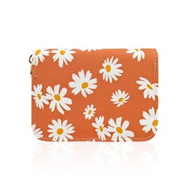 AfitLulu Credit Card Holder for Women, RFID-Blocking Daisy Prints Card Holder Wallet with Zipper 11 Slots Womens Card Organizer (Orange)