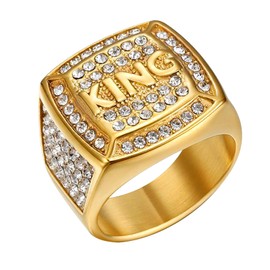 Flongo Mens Iced Out Signet Ring: 18K Gold Plated Cubic Zirconia Stainless Steel Ring - Stylish Jewelry Gifts for Husband Boyfriend Lover