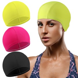 Pack of 3 Elastic Swimming Caps, Comfortable Fabric Swimming Caps, Unisex Swimming Caps, Non-Slip Swimming Caps for Women, Men, Children (Black, Rose Red, Fluorescent Yellow)