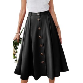 HERBATOMIA Pleated Midi Black Skirt Elastic Waist A-line Casual Flared Button Front Long Skirts with Pocket for Women