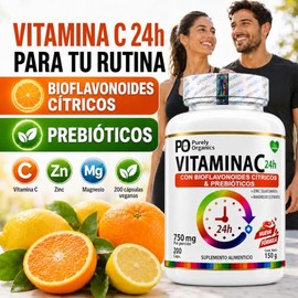 Vitamina C con Zinc y Magnesio, Bioflavonoides Cítricos y Prebióticos | Liberación Prolongada Activo por 24hrs | 200 cápsulas veganas | Purely Organic
