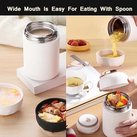 Khobisoft Food Flask With Folding Spoon, 600ml (20oz) Stainless Steel Jar for Hot and Cold Meals Double Walled Soup Flask Leakproof Food Jar Soup Containers (white)
