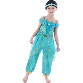 Jasmine Princess Costume for Girls, Jasmine Costume Kids with Wig, Princess Jasmine Dress Up for Birthday Party 7-8 Years