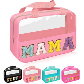 Bolsa de chenilla con parche de carta, bolsa de cosméticos de maquillaje transparente, Rosa-mama