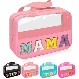 Bolsa de chenilla con parche de carta, bolsa de cosméticos de maquillaje transparente, Rosa-mama