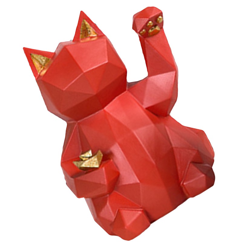 Fortune Cat Figurine Geometry Style Eco Friendly Resin Bright Red