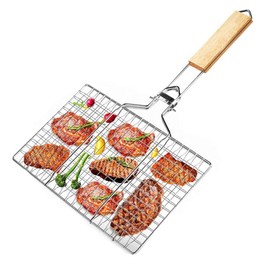 Tyenaza Stainless Steel Grill Net, Grill Basket, BBQ Wire Mesh Grill, Metal Net, Professional Grill, Grilled Fish Clip with Wooden Handle for Fish Vegetables Shrimp