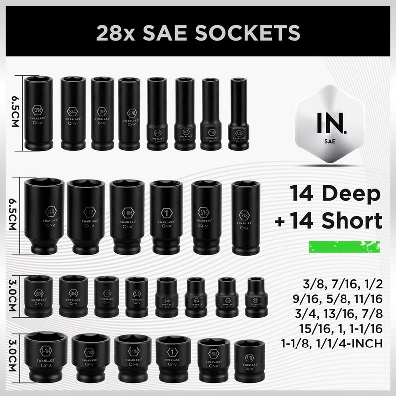SWANLAKE 1/2" Drive Impact Socket Set, 66-Piece Standard SAE (3/8"-1-1/4")
