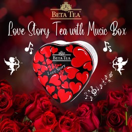 Beta Tea Love Story Love Tea Blend 3.5 oz (100 grams), Metal Music Box, Special Love Tea Blend, Strawberry Scented Special Tea Blend, Gift Tea in Metal Music Box for Lovers