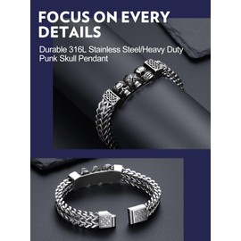 Bandmax Mens Skull Bracelets 9 Inch Stainless Steel Chunky Link Chain Wirstband Bracelet with Hear No Evil Speak No Evil See No Evil Skeleton Pendant Biker Jewerly for Men