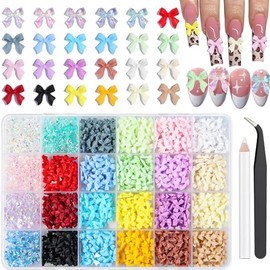 820 Pieces Bow Nail Charms 24 Color Nail Charms 3D Bows for Nails Includes 5 Colors Transparent Bow Charms for Nails with Pickup Tool Cute Colorful Nail Bows for Manicure DIY Decoration