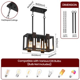 Farmhouse Chandelier Rectangle Wood and Metal Dining Room Light Fixtures, Black Ceiling 3 Lights Pendant Light for Kitchen Island,Living Room
