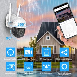 ANTELA 2.5K/4MP Outdoor Surveillance Camera, 360° PTZ WLAN Camera Outdoor with 24/7 Recording, IP65, 50 m Colour/IR/Smart Night Vision with Floodlight, 2-Way Audio, Motion Detection, Alarm Message,