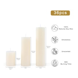 EAKE 36 Pcs Pillar Candles, Unscented Ivory White Pillar Candles, Smokeless Long Burning Wax Candles for Wedding Centerpieces, Valentines Day, Fireplace, Special Occasion, 2 in by 3, 5.9, 7.8IN