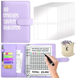 RHZXD 100 Envelope Challenge Binder, Purple Saving Challenge Binder, Cash Binder, Savings Binder, Money Saving Envelope for School, Home, Office