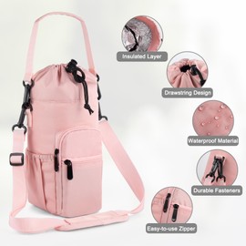 Water Bottle Carrier with Strap and Pouch 32oz 40oz 64oz 16oz, Crossbody Water Bottle Holder Bag with Pocket for Walking, Insulated Cooler Bag, Shoulder Sling for Water Bottle Bag Accessories Pink