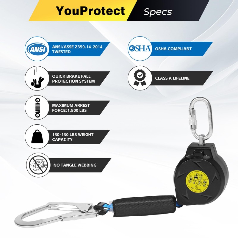 11FT Self Retracting Lifeline Fall Protection Retractable Lanyard, Fall Arrest