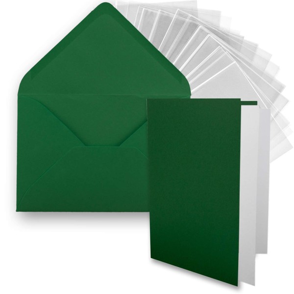FarbenFroh by GUSTAV NEUSER 50 x DIN B6 Folding Card Set – Dark Green (Green) – 11.5 x 17 cm – Double Cards with Envelopes, Insert Paper and Cellophane Bag for Crafts