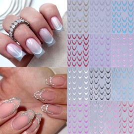 Colorful French Tip Nail Stickers - 13pcs Glitter Curve Nail Decals French Tip Tool French Line Nail Stickers for Nail Art Gradient Adhesive Nail Accessories French Nail Stencils for Salon DIY Design