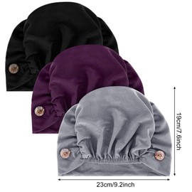 3 Pieces Bouffant Caps with Buttons Unisex Stretchy Headband Turban with Buttons for Women (Black, Dark Purple, Grey)