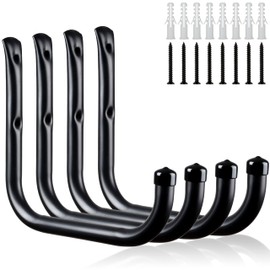 KURUI KURUI Ladder Hooks for Garage Wall, 4 Pack Large Garage Storage Hanger for Bike Extension Cord Tool Cable, Wall Mount l Utility Hooks, Black Heavy Duty 8 inch Long Hooks