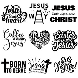 9/12Pcs,Pocket Size Jesus Vinyl Iron-on Heat Transfer Stickers, Floral Letters, God Pray Religious Themes, for DIY Clothing, T-Shirt, Mask, Jeans, Backpack (JG-05)