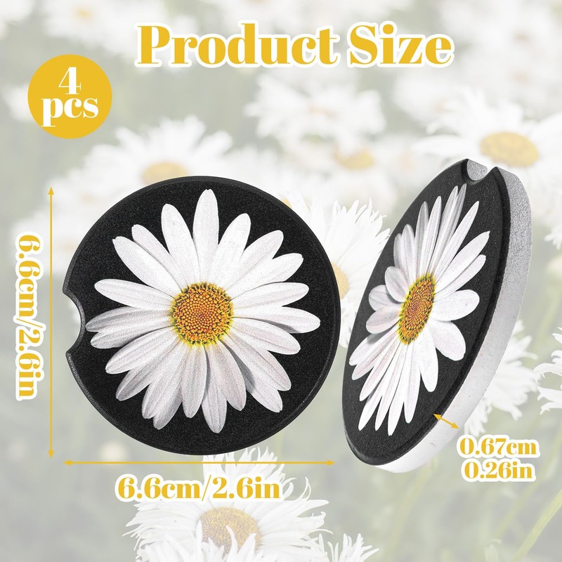 4Pcs Daisy Car Coasters for Cup Holders, Universal Non-Slip Absorbent