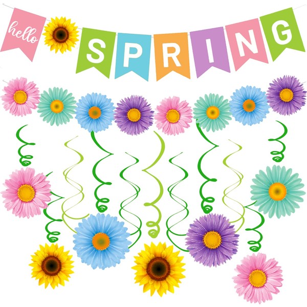 Hello Spring Banner Colorful Spring Flower Hanging Swirls Spring Sun Flowers Daisy Pattern Hanging Banner for Spring Easter Party Decorations Mantle Fireplace Indoor Outdoor Home Classroom Decorations