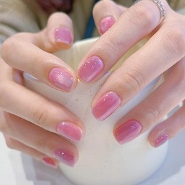 Glitter Pink Press On Nails - Cat Eye Press On Nails Square Solid Color False Nails with Design Reusable Stick on Nails for Women Nail Decoration - 24 Fake Nails Kit