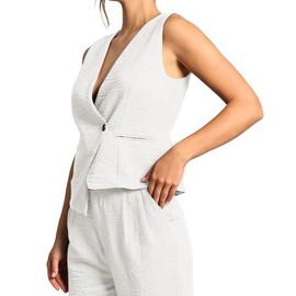 Amazhiyu Women's Suit Vest, Linen Vest, Short Sleeveless Vest, V-Neck Linen Women's Vest, Vintage Summer Vest, Button Placket, Regular Fit, White, XL