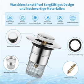 YUEYEQU Pack of 2 Sink Plugs for 34-40 mm Drain Drain Plug Sink with Hair Strainer, Universal Pop Up Drain Strainer Shower Quick Drain, Drain Plug for Countertop Sinks