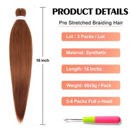 ADIASAI Brown Braiding Hair Pre Stretched 16 Inch 3 Packs for Professional Hair Extensions, Hot Water Setting Yaki Texture Synthetic Hair(30#)