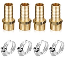 4 x Hose Connection Set 10 mm with 1/4 Inch BSP Male Thread, Made of Brass with Barbed and Hose Clamp - for Air, Gas and Water Hoses.