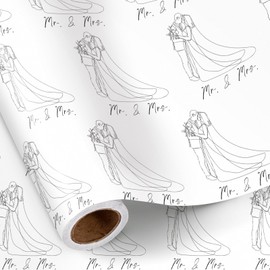 RUSPEPA Wedding Wrapping Paper Roll for Couples, Mini Roll, Elegant Line Bride and Groom with Mr. & Mrs. Text Design, Romantic Gift Wrap for Wedding, Engagement, Anniversary, 17 Inches x 16.4 Feet