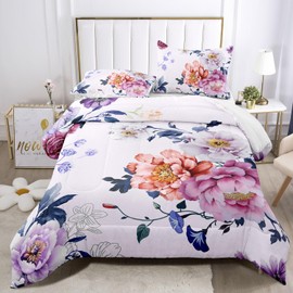 Raphus Cucullatus Purple Floral Comforter Set Queen, Pink Botanical Bedding, Cute Pretty Flower Quilt for Queen Bed