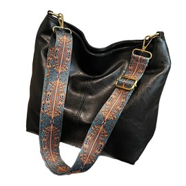 TQUXNGA Vintage Wide Strap Bucket Bag Large Capacity Commute Bag Fashion Crossbody Bag Simple Shoulder Bag Purse Elegant Handbag, Schwarz