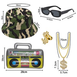 HTTDSLF 5 Piece Hip Hop Costume Set, Costume Men, 80s 90s Outfit, Men's Hip Hop Costumes, Rapper Accessories with Dollar Necklace, Gold Ring, Sunglasses, Inflatable Boombox