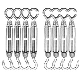 Turnbuckles Hook, Reedny 304 Stainless Steel Turnbuckle Heavy Duty M4 M6 M8 Hook and Eye Turnbuckle for Cables Wire Rope Tension 5/32" 1/4" 5/16" for Sun Shade Fence Tent Rope Installation(M4, 8Pcs)