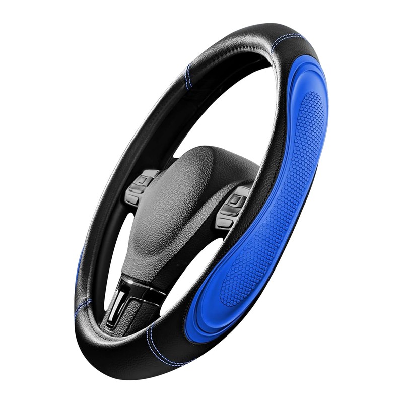 Blue Film Splicing Leather Steering Wheel Cover, Microfiber Leather, Anti-Slip,