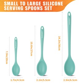 PUCKWAY 3 Pcs Silicone Spoons Set of 7.9 10.6 14.2 inch for Cooking, Heat Resistant Kitchen Spoons for Mixing, Stirring, and Serving, Small to Large Non Stick (Green)