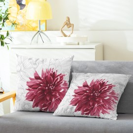 CaliTime Throw Pillow Cases Pack of 2 Cozy Fleece Colorful Dahlia Flower Simple Strokes Flora Background Decorative Cushion Covers for Couch Bed Sofa Farmhouse Decoration 40cm X 40cm Burgundy Grey