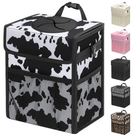 Capolo Car Trash Can with Lid, Leakproof Car Trash Bag Hanging Waterproof Automotive Garbage Can with Storage Pockets Mini Vehicle Trash Bin for Back/Front Seat(Cow Print,3 Gallon)