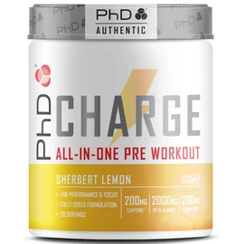 PhD Authentic Charge All-In-One Pre Workout with Creatine, Performance and Focus, High Caffeine, Sherbert Lemon Flavour, 20 Servings Per 300g Bottle