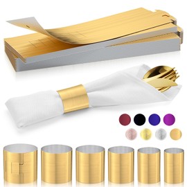 ChilStikUni Nano Material Reusable Napkin Band, Glue-Free Tear-Proof Water Resistant Oil-Proof Napkin Bands Set of 50(Front Brushed Gold Color and Back Silver), 6 Adjustable Sizes Napkin Rings