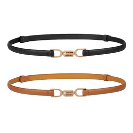 WHIPPY Pack of 2 Slim Waist Belt for Women Adjustable Thin Belt Slim Leather Belt with Gold Metal Buckle for Dress, A-Black+Brown