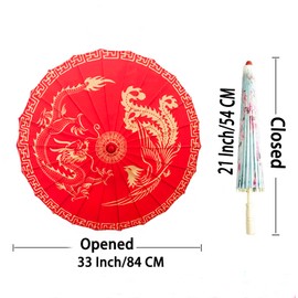 Bestage 33" Rainproof Handmade Oiled Paper Parasol Silk Cloth Red Dragon Phoenix Umbrella Chinese Japanese Art Classical Dance Umbrella for Wedding Parties Photography Costumes Cosplay Decoration and Other Events