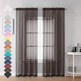 OVZME Basic Rod Pocket Sheer Voile Window Curtain Panels, Brown Chocolate Sheer Curtains 84 Inches Length for Bedroom, 2 x 42 x84