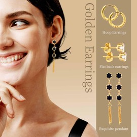 Xizhounianfeng 3-Piece Earring Sets for Women - Chain earring+Gold Hoop & Ear stud, Cute hypoallergenic earrings a boon for those with allergies,Great gift for women(six leaves black)